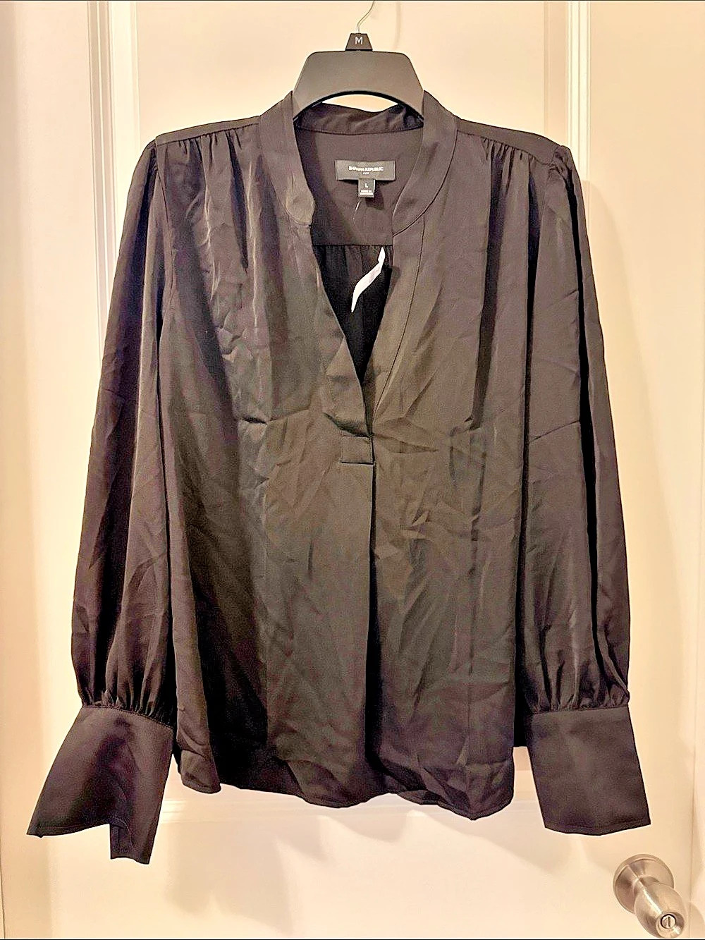 Banana Republic Satin Luster Puff Sleeve Blouse Black Large
